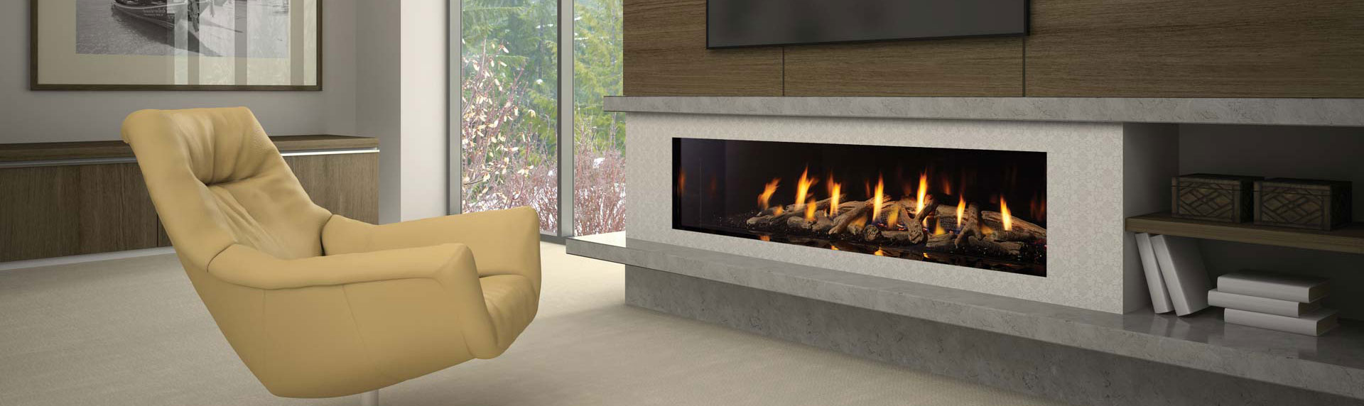 Modern Gas Fireplace with designer surround and marble hearth and mantle