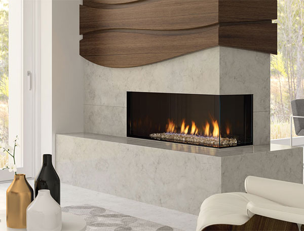 Regency Gas Fireplace - corner style fireplace set in a marble column and hearth