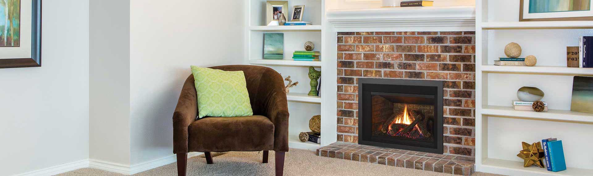 Traditional Gas Insert with brick surround and white mantle in a cozy living room
