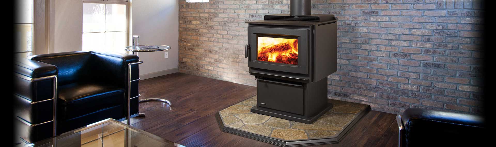 Traditional Brown Wood Stove on a stone hearth pad
