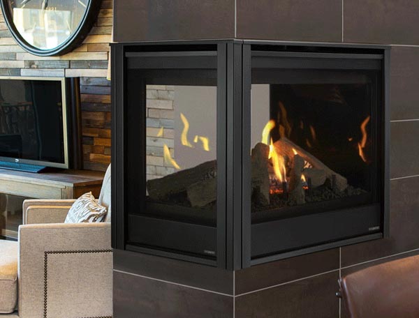 Majestic Gas Fireplace - see through corner style fireplace set in a brown tile column