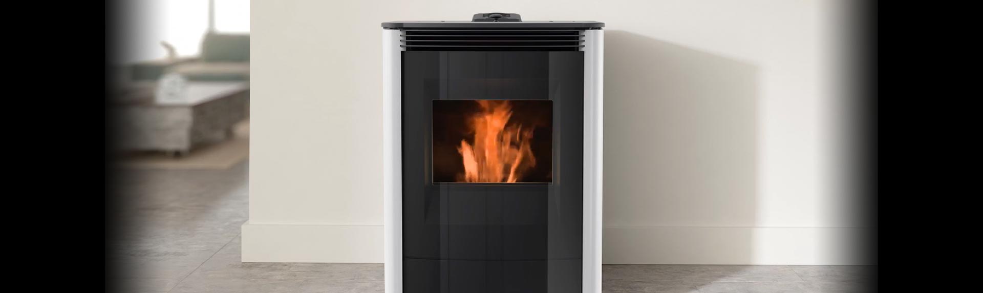 Modern Black and White Pellet Stove against a beige wall