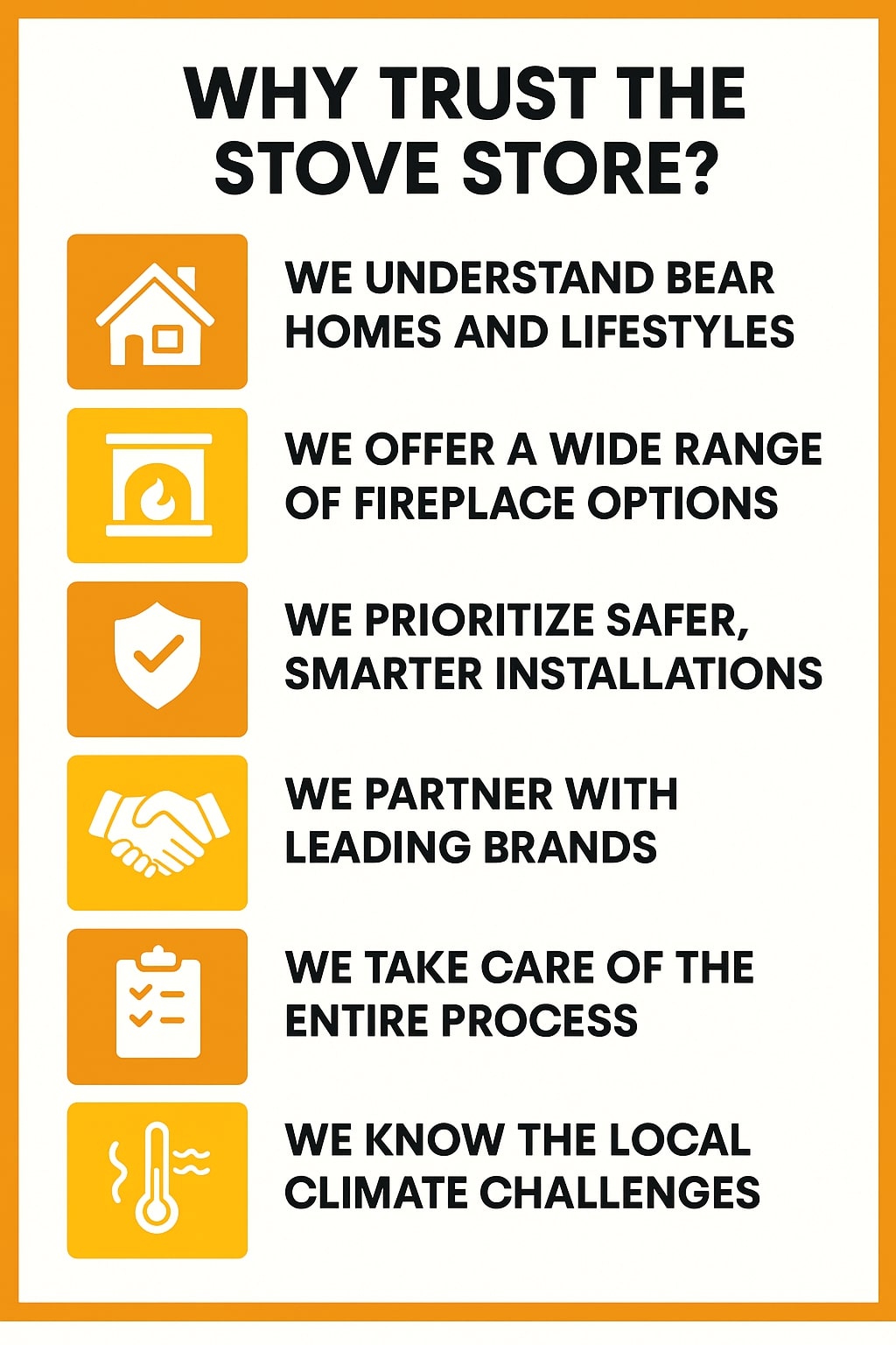 original infographic with a white background and orange border titled “Why Trust The Stove Store?” in bold black text at the top. It features six orange square icons down the left side: a house icon, a fireplace icon, a shield with a checkmark, a handshake, a clipboard, and a thermometer. To the right of each icon, bold black text lists reasons to trust the store: “We Understand Bear Homes and Lifestyles,” “We Offer a Wide Range of Fireplace Options,” “We Prioritize Safer, Smarter Installations,” “We Partner With Leading Brands,” “We Take Care of the Entire Process,” and “We Know the Local Climate Challenges.” The design uses a clean, modern layout with consistent typography and color contrast for readability.<br />
